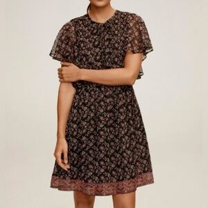 Mango Bohemian print Flutter Sleeve Elastic Waist Dress Lined Buttons Holidays 4
